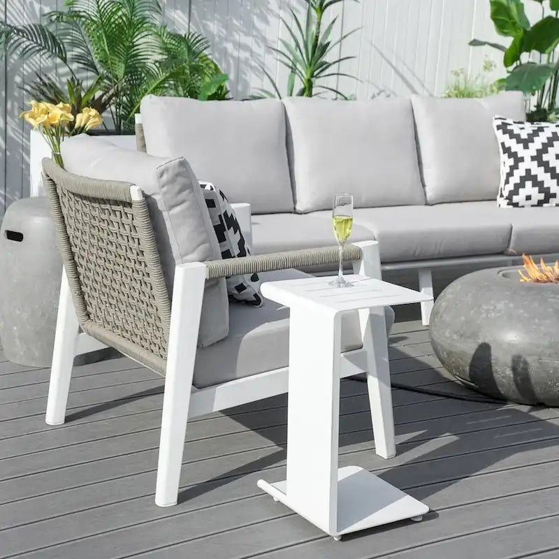 7 Piece Aluminum Patio Conversation Sofa Set with Oval Cement Fire Pit Table