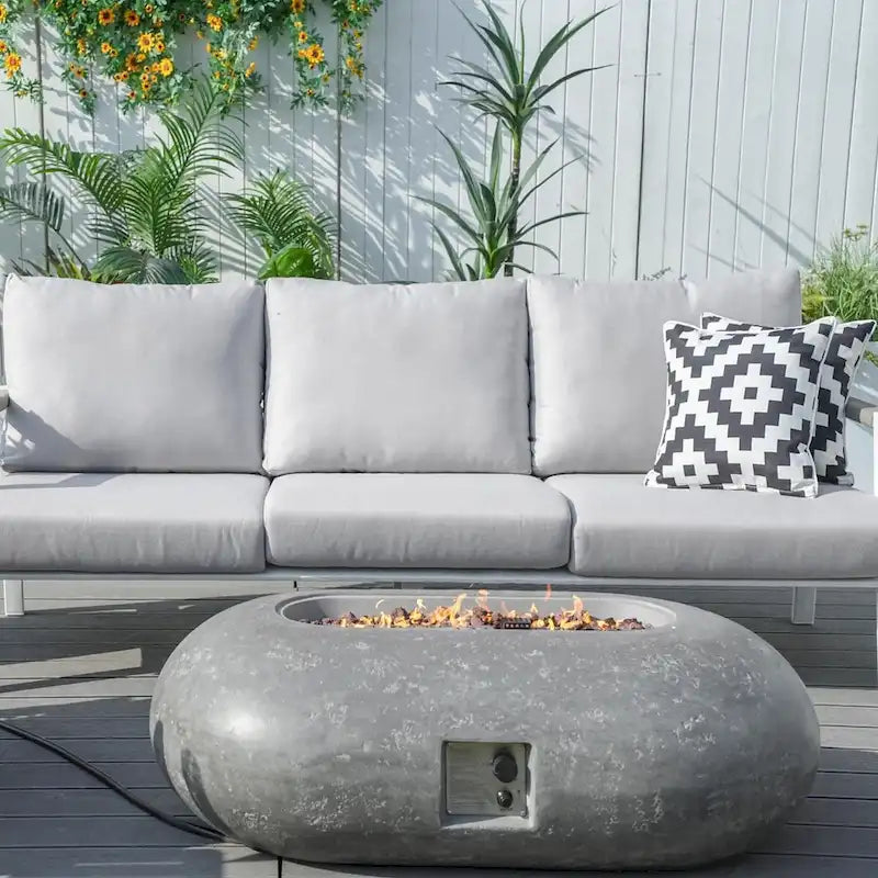 7 Piece Aluminum Patio Conversation Sofa Set with Oval Cement Fire Pit Table