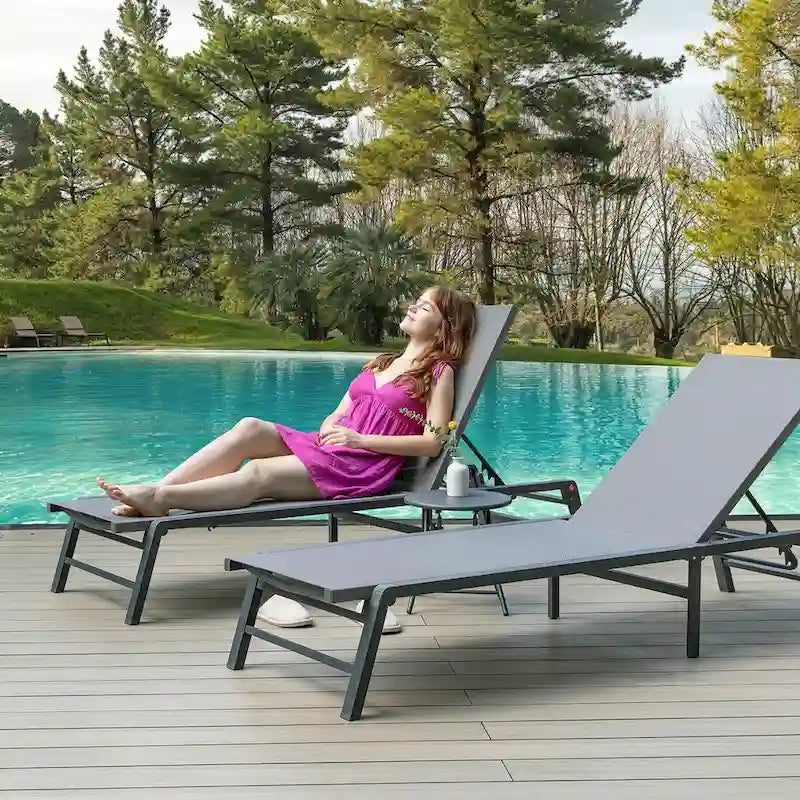 Foldable Lounge Chairs with 5 Reclining Positions and Round Table - N/A