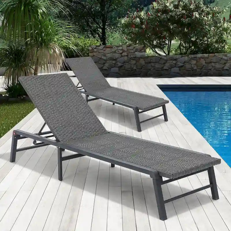 Outdoor Aluminum Rattan Wicker Patio Chaise Lounge Set of 2