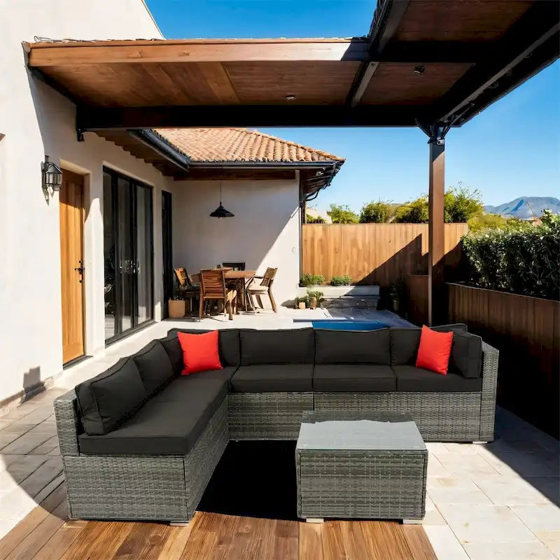 5 Pieces Outdoor Rattan Sectional Sofa with 2 Pillow and Table