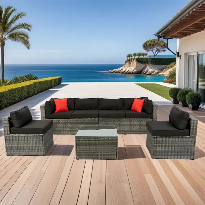 5 Pieces Outdoor Rattan Sectional Sofa with 2 Pillow and Table